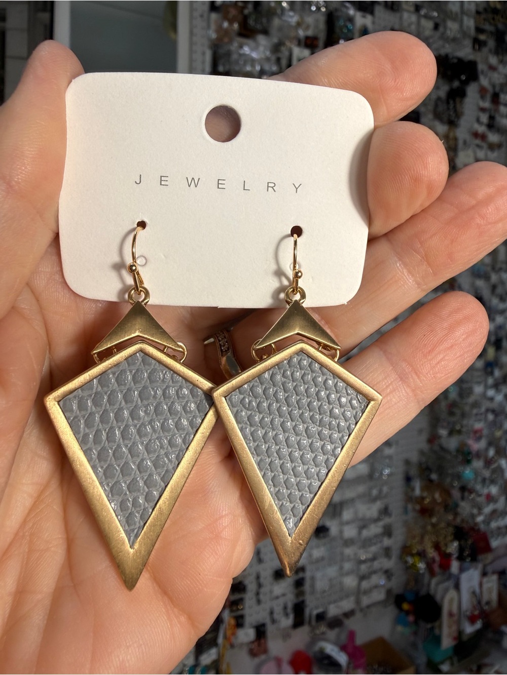 Gold-Tone Geometric Drop Earrings with Gray Inlay